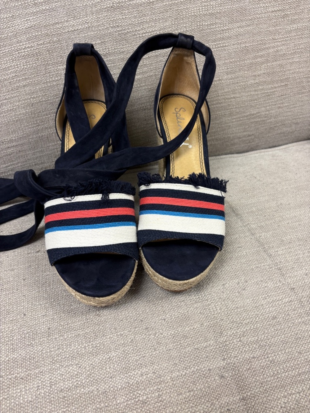 Bark Navy Espadrille Wedges with Red & Blue Stripes with suede strap.